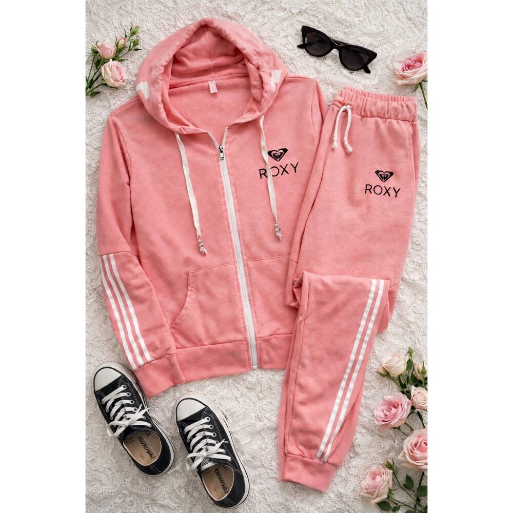 MSRP $129 ✨ Roxy Pink Sweatsuit Set Hoodie & Joggers Size S | Bling Drawstrings✨